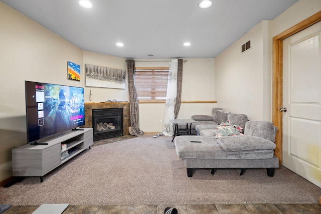1599 Rice St, Saint Paul, MN 55117 - carpeted living room featuring recessed lighting and a fireplace with flush hearth