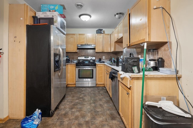 1599 Rice St, Saint Paul, MN 55117 - kitchen with stainless steel appliances, light brown cabinetry, and decorative backsplash