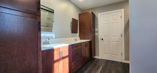 13386 Palomino Rd, Bertha Twp, MN 56437 - bathroom with wood finished floors, double vanity, and baseboards