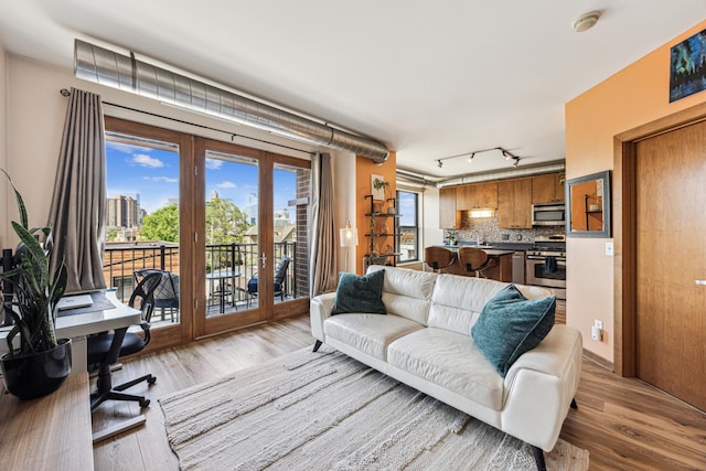 15 Franklin Ave Unit 312, Minneapolis, MN 55404 - living area featuring track lighting, wood finished floors, and french doors