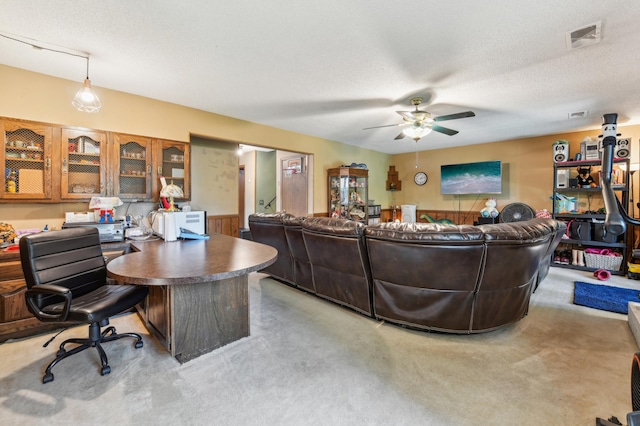 1351 4th St W, Hastings, MN 55033 - living area featuring a ceiling fan, a desk, light colored carpet, and a textured ceiling