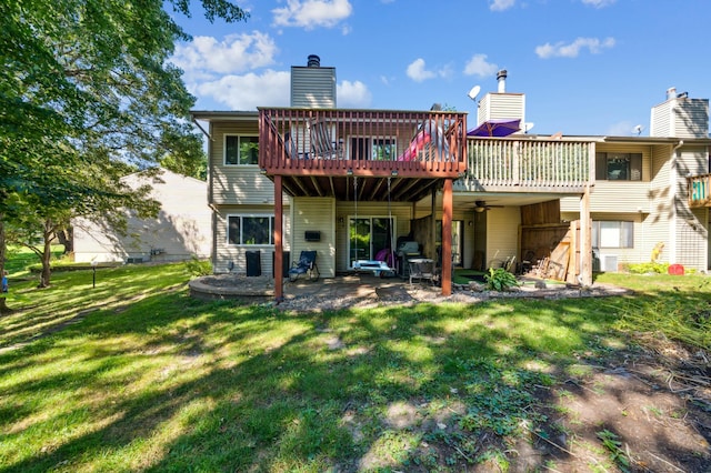 1351 4th St W, Hastings, MN 55033 - rear view of house featuring a lawn, a deck, a chimney, and a patio