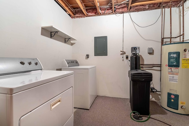 415 2nd Ave SE, Pelican Rapids, MN 56572 - laundry area featuring electric water heater, electric panel, washer and clothes dryer, and light carpet