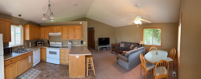 2434 1st St S, Saint Cloud, MN 56301 - kitchen featuring white appliances, under cabinet range hood, open floor plan, lofted ceiling, and a peninsula