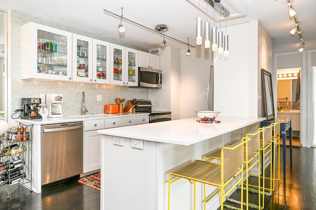 15 1st St Unit A1119, Minneapolis, MN 55401 - kitchen featuring stainless steel appliances, track lighting, a sink, dark wood-type flooring, and tasteful backsplash