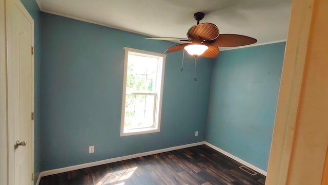 13786 188th Pl, Williams Twp, MN 56350 - unfurnished room featuring dark wood finished floors, a ceiling fan, and baseboards