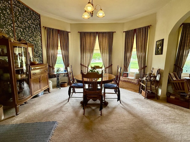 2100 Trott Ave SW, Willmar, MN 56201 - dining area with arched walkways, light carpet, a chandelier, and crown molding