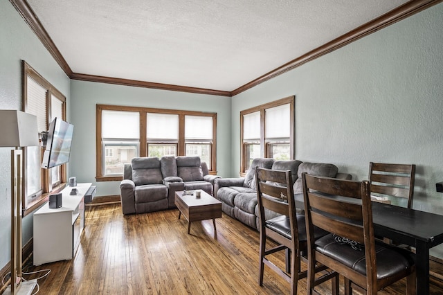 3725 Fremont Ave N, Minneapolis, MN 55412 - living room featuring a textured wall, crown molding, wood-type flooring, a textured ceiling, and baseboards