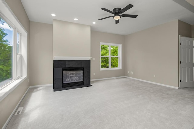 7658 Silver Lake Rd, Mounds View, MN 55112 - unfurnished living room featuring carpet, baseboards, ceiling fan, and recessed lighting
