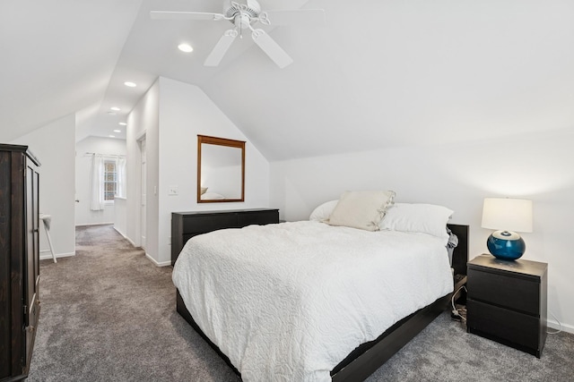 5604 14th Ave S, Minneapolis, MN 55417 - bedroom featuring carpet floors, vaulted ceiling, baseboards, ceiling fan, and recessed lighting