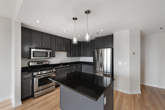 929 Portland Ave Unit 907, Minneapolis, MN 55404 - kitchen with stainless steel appliances, tasteful backsplash, light wood-style flooring, pendant lighting, and recessed lighting