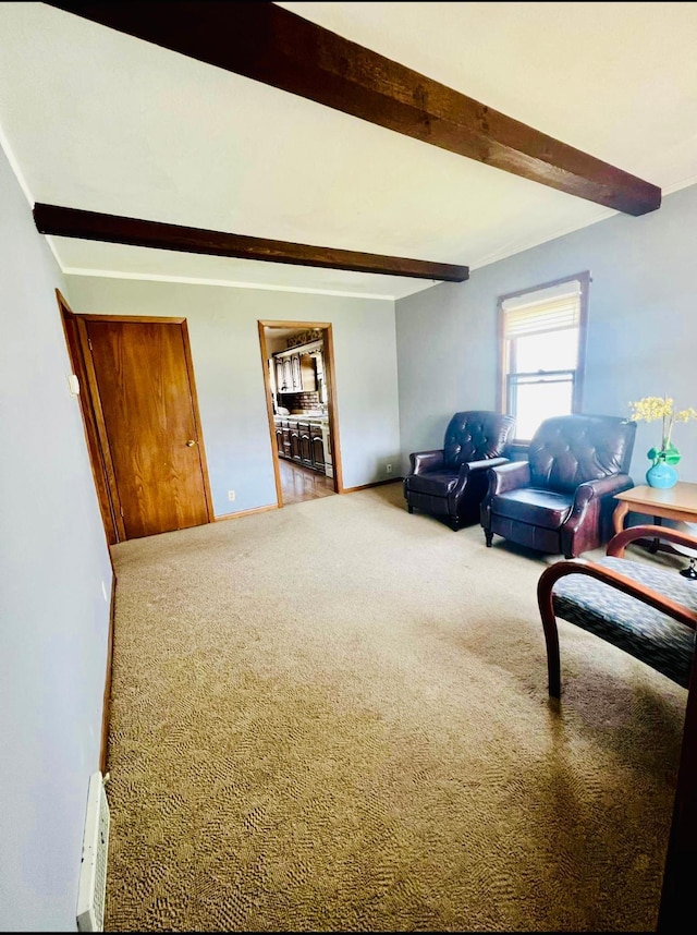 150 Park St W, South Saint Paul, MN 55075 - living room with beamed ceiling, carpet, and baseboards