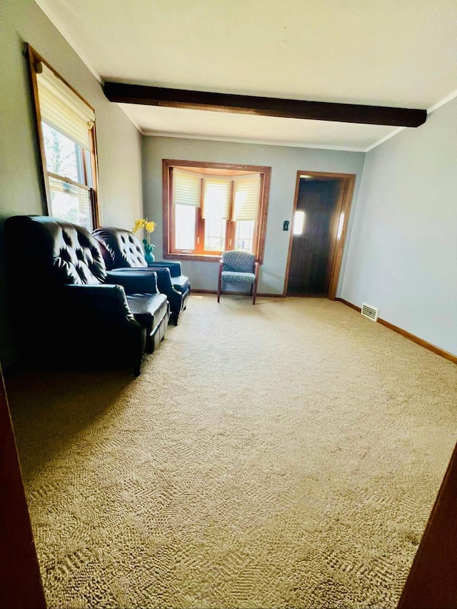 150 Park St W, South Saint Paul, MN 55075 - carpeted living room with beamed ceiling and baseboards