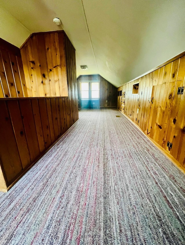 150 Park St W, South Saint Paul, MN 55075 - bonus room featuring vaulted ceiling, wooden walls, and carpet