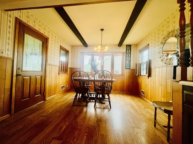 150 Park St W, South Saint Paul, MN 55075 - dining space with wallpapered walls, wood finished floors, a chandelier, beamed ceiling, and plenty of natural light