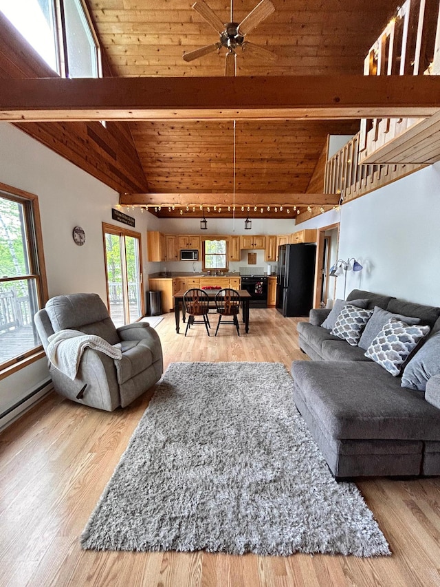 2145 Big Deep Lake Dr NW, Hackensack, MN 56452 - living room with wood ceiling, ceiling fan, light wood-style floors, a baseboard heating unit, and stairway