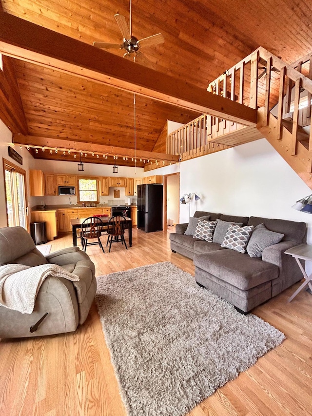 2145 Big Deep Lake Dr NW, Hackensack, MN 56452 - living area featuring track lighting, wood ceiling with exposed beams, ceiling fan, stairway, and light wood-type flooring
