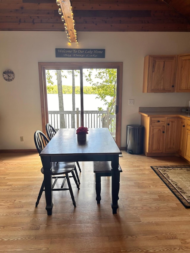 2145 Big Deep Lake Dr NW, Hackensack, MN 56452 - dining room featuring plenty of natural light, light wood-style floors, wood ceiling with exposed beams, and baseboards