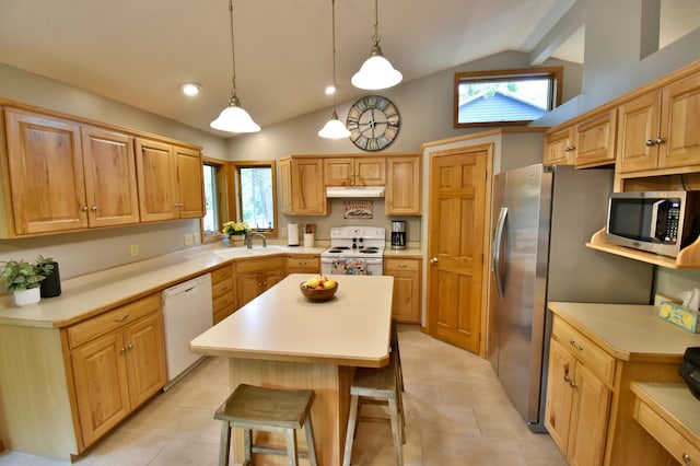 1518 4th Ave N, Sartell, MN 56377 - kitchen with appliances with stainless steel finishes, under cabinet range hood, a sink, light countertops, and high vaulted ceiling