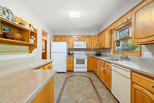 903 Ingalls Rd, Menomonie, WI 54751 - kitchen featuring white appliances, a sink, a textured ceiling, inlaid floor details, and light countertops