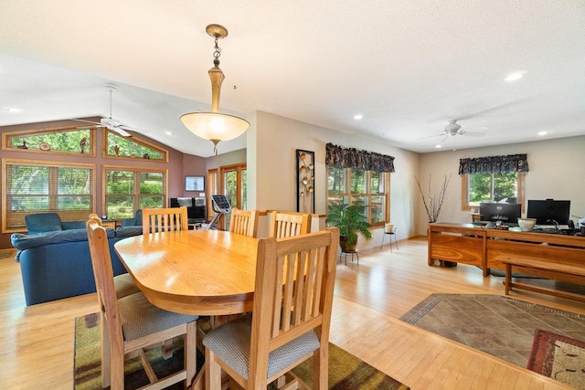 903 Ingalls Rd, Menomonie, WI 54751 - dining space with ceiling fan, light wood finished floors, a desk, lofted ceiling, and recessed lighting