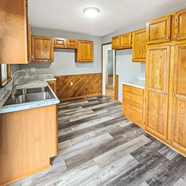 2718 Morgan Ave N, Minneapolis, MN 55411 - kitchen featuring wood finished floors, a sink, a textured ceiling, wainscoting, and wooden walls