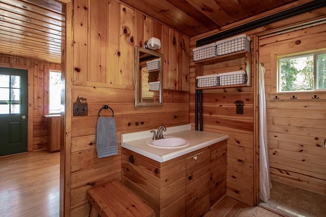 1378 Sunflower Trl NE, Outing, MN 56662 - bathroom featuring wooden walls, wooden ceiling, plenty of natural light, wood finished floors, and vanity