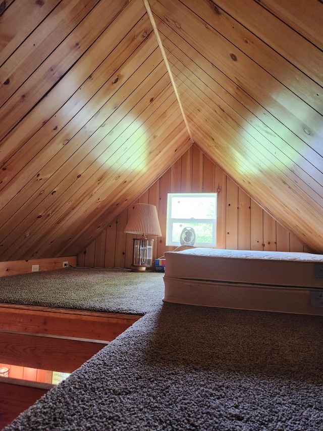 35270 Bear Creek Rd, Partridge Twp, MN 55704 - bonus room featuring lofted ceiling, wooden walls, wood ceiling, and carpet flooring