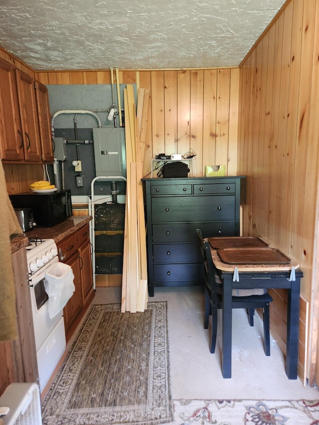 35270 Bear Creek Rd, Partridge Twp, MN 55704 - bedroom with electric panel, wooden walls, and a textured ceiling