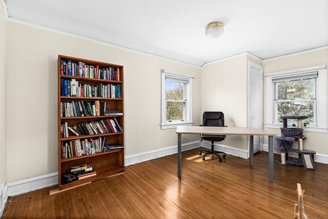 4031 Regent St, Duluth, MN 55804 - home office with crown molding, hardwood / wood-style flooring, and baseboards