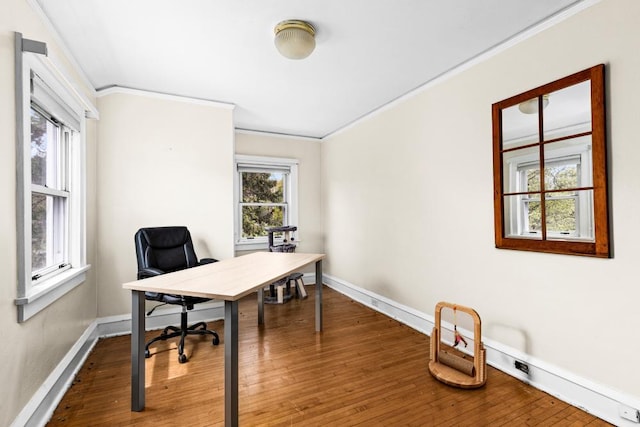 4031 Regent St, Duluth, MN 55804 - office area with crown molding, baseboards, and wood-type flooring