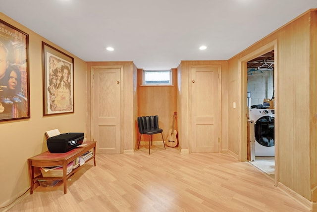 4600 3rd St NE, Fridley, MN 55421 - hallway featuring washer / dryer, light wood-type flooring, and recessed lighting