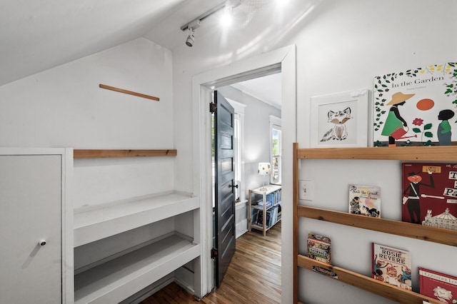 4312 Nokomis Ave, Minneapolis, MN 55406 - corridor featuring wood finished floors, rail lighting, and vaulted ceiling