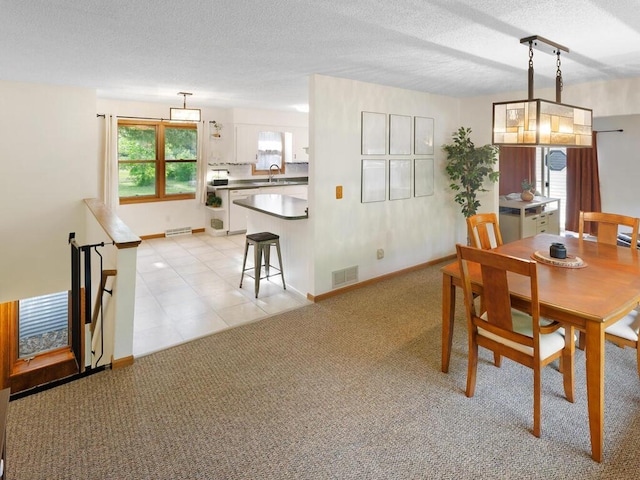 38609 Branch Ave, North Branch, MN 55056 - dining area featuring light colored carpet, a textured ceiling, baseboards, and light tile patterned floors