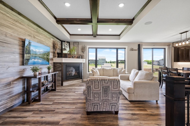 18885 Poppy St NW, Oak Grove, MN 55303 - living area with coffered ceiling, a glass covered fireplace, dark wood-style flooring, beamed ceiling, and recessed lighting