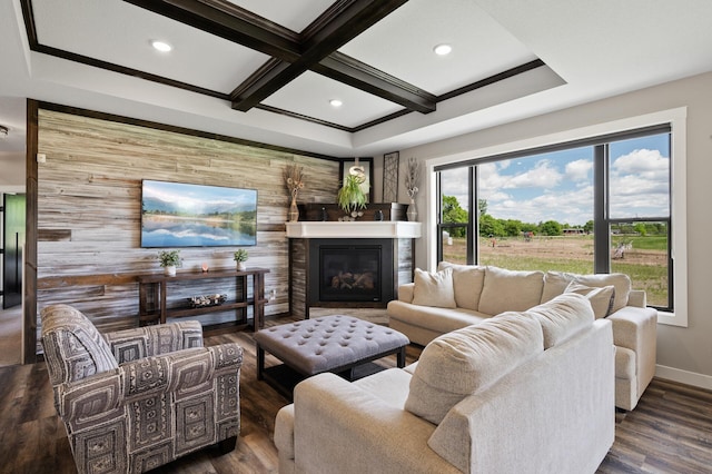 18885 Poppy St NW, Oak Grove, MN 55303 - living area featuring coffered ceiling, baseboards, a glass covered fireplace, wood finished floors, and beam ceiling