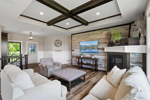 18885 Poppy St NW, Oak Grove, MN 55303 - living area with coffered ceiling, wainscoting, recessed lighting, beam ceiling, and wood finished floors