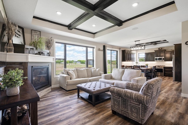 18885 Poppy St NW, Oak Grove, MN 55303 - living area featuring coffered ceiling, a glass covered fireplace, baseboards, dark wood-style floors, and beam ceiling