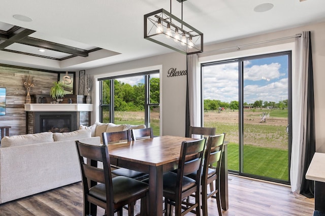 18885 Poppy St NW, Oak Grove, MN 55303 - dining room with wood finished floors, a glass covered fireplace, coffered ceiling, and beam ceiling