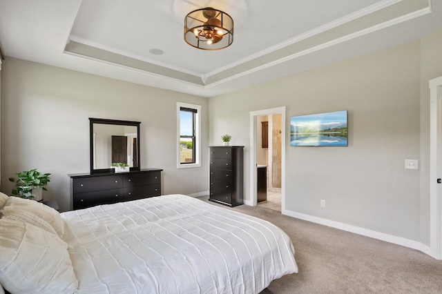 18885 Poppy St NW, Oak Grove, MN 55303 - carpeted bedroom featuring ornamental molding, baseboards, a tray ceiling, a chandelier, and ensuite bathroom