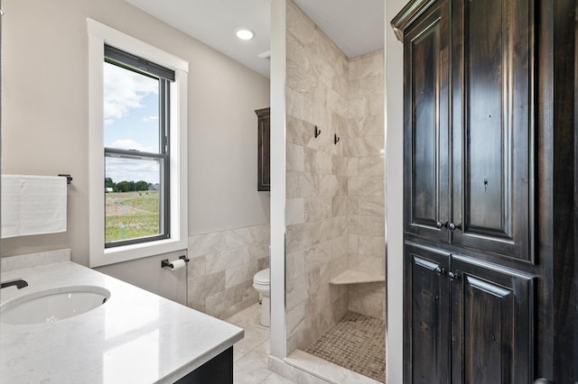 18885 Poppy St NW, Oak Grove, MN 55303 - full bath featuring vanity, tile walls, plenty of natural light, tiled shower, and toilet