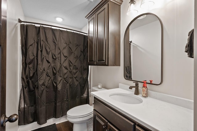 18885 Poppy St NW, Oak Grove, MN 55303 - bathroom with vanity, toilet, wood finished floors, a textured ceiling, and shower / bath combo
