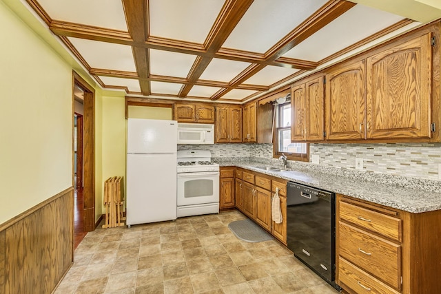 1357 64th Ave NE, Fridley, MN 55432 - kitchen featuring white appliances, brown cabinets, coffered ceiling, backsplash, and light stone countertops