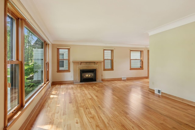 4932 Cedar Ave S, Minneapolis, MN 55417 - unfurnished living room featuring crown molding, light wood finished floors, and a fireplace with flush hearth