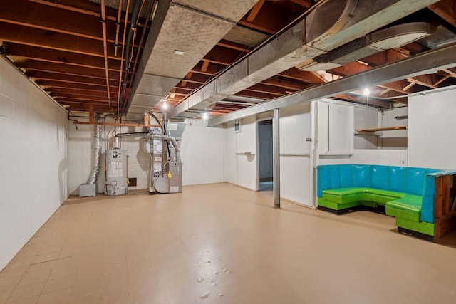 4932 Cedar Ave S, Minneapolis, MN 55417 - unfinished below grade area featuring gas water heater, heating unit, and concrete block wall