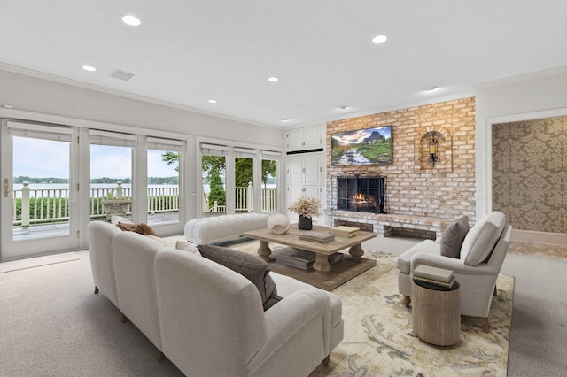 2645 Arcola Ln, Minnetonka Beach, MN 55391 - living room featuring carpet flooring, a fireplace, recessed lighting, and crown molding