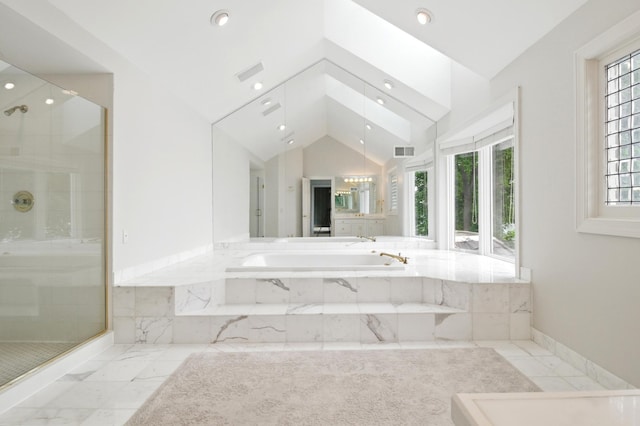 2645 Arcola Ln, Minnetonka Beach, MN 55391 - full bath with a bath, lofted ceiling, a shower stall, marble finish floors, and recessed lighting