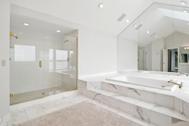 2645 Arcola Ln, Minnetonka Beach, MN 55391 - full bathroom with a bath, a stall shower, recessed lighting, vaulted ceiling, and marble finish flooring