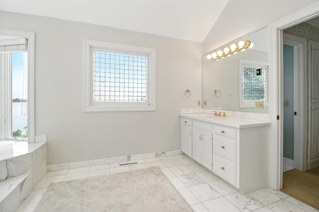2645 Arcola Ln, Minnetonka Beach, MN 55391 - full bath featuring vanity, plenty of natural light, vaulted ceiling, and marble finish flooring