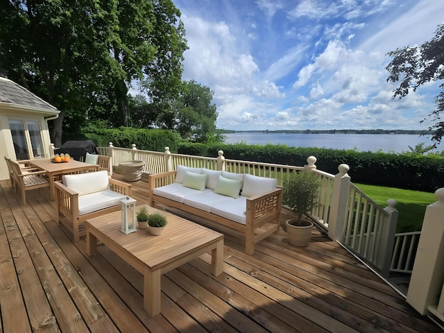 2645 Arcola Ln, Minnetonka Beach, MN 55391 - wooden terrace featuring outdoor lounge area, a water view, and area for grilling